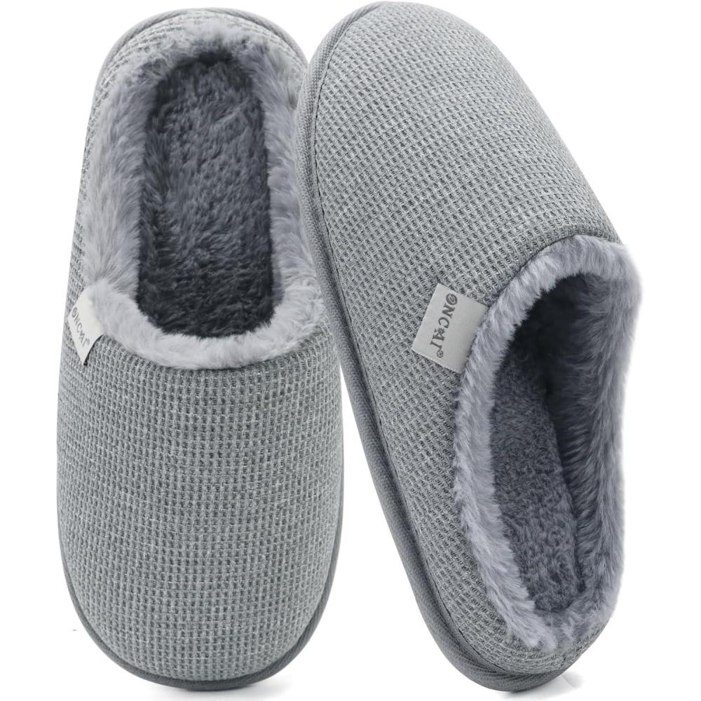imageONCAI Womens House Slippers Cushion Memory Foam Waffle Upper Home Comfortable Warm Winter Cozy Soft Lightweight Indoor Best House Shoes Nonslip Rubber Sole US Size 511Vineplush Grey