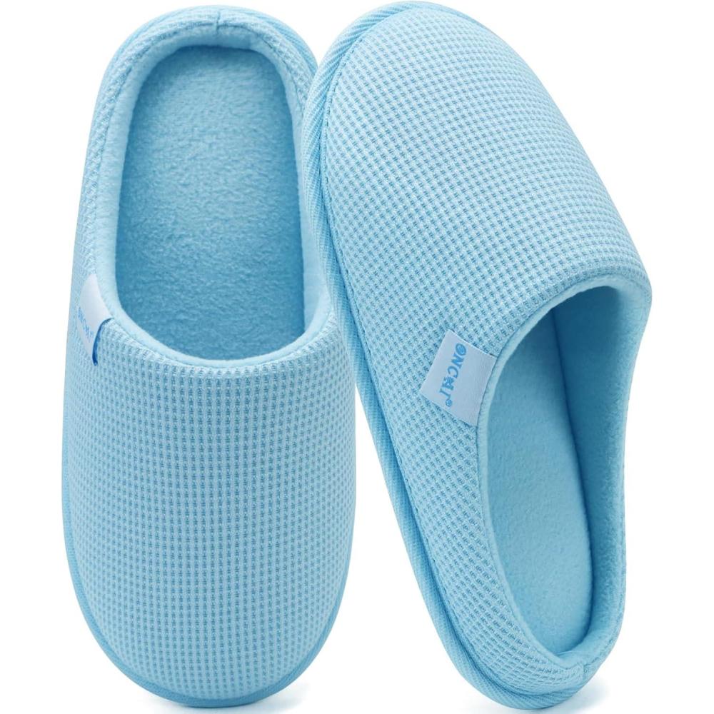 imageONCAI Womens House Slippers Cushion Memory Foam Waffle Upper Home Comfortable Warm Winter Cozy Soft Lightweight Indoor Best House Shoes Nonslip Rubber Sole US Size 511Vinelight Blue
