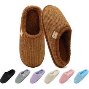 ONCAI Women’s House Slippers, Cushion Memory Foam Waffle Upper Home Comfortable Warm Winter Cozy Soft Lightweight Indoor Best House Shoes Non-slip Rubber Sole US Size 5-11(Plush Dark Khaki)