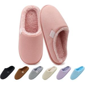ONCAI Women’s House Slippers, Cushion Memory Foam Waffle Upper Home Comfortable Warm Winter Cozy Soft Lightweight Indoor Best House Shoes Non-slip Rubber Sole US Size 5-11(Plush Light Pink)