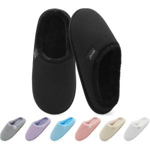 ONCAI Women’s House Slippers, Cushion Memory Foam Waffle Upper Home Comfortable Warm Winter Cozy Soft Lightweight Indoor Best House Shoes Non-slip Rubber Sole US Size 5-11(Plush Black)