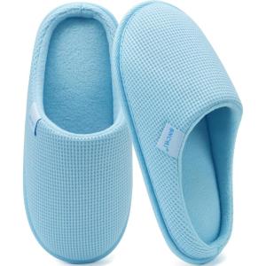 ONCAI Women’s House Slippers, Cushion Memory Foam Waffle Upper Home Comfortable Warm Winter Cozy Soft Lightweight Indoor Best House Shoes Non-slip Rubber Sole US Size 5-11(Vine-light Blue)