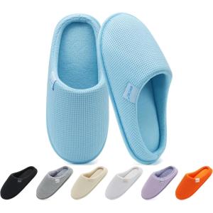 ONCAI Women’s House Slippers, Cushion Memory Foam Waffle Upper Home Comfortable Warm Winter Cozy Soft Lightweight Indoor Best House Shoes Non-slip Rubber Sole US Size 5-11(Light Blue)