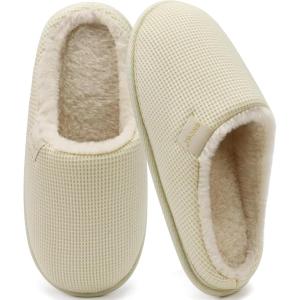 ONCAI Women’s House Slippers, Cushion Memory Foam Waffle Upper Home Comfortable Warm Winter Cozy Soft Lightweight Indoor Best House Shoes Non-slip Rubber Sole US Size 5-11(Vine-plush Off White)