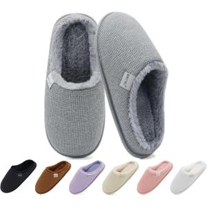 ONCAI Women’s House Slippers, Cushion Memory Foam Waffle Upper Home Comfortable Warm Winter Cozy Soft Lightweight Indoor Best House Shoes Non-slip Rubber Sole US Size 5-11(Plush Grey)