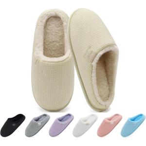 ONCAI Women’s House Slippers, Cushion Memory Foam Waffle Upper Home Comfortable Warm Winter Cozy Soft Lightweight Indoor Best House Shoes Non-slip Rubber Sole US Size 5-11(Plush Off White)
