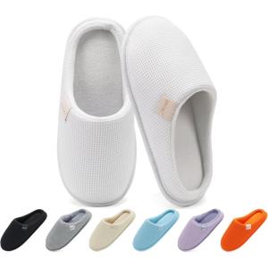 ONCAI Women’s House Slippers, Cushion Memory Foam Waffle Upper Home Comfortable Warm Winter Cozy Soft Lightweight Indoor Best House Shoes Non-slip Rubber Sole US Size 5-11(White)