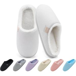 ONCAI Women’s House Slippers, Cushion Memory Foam Waffle Upper Home Comfortable Warm Winter Cozy Soft Lightweight Indoor Best House Shoes Non-slip Rubber Sole US Size 5-11(Plush White)