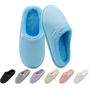 ONCAI Women’s House Slippers, Cushion Memory Foam Waffle Upper Home Comfortable Warm Winter Cozy Soft Lightweight Indoor Best House Shoes Non-slip Rubber Sole US Size 5-11(Plush Light Blue)