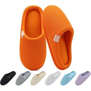 ONCAI Women’s House Slippers, Cushion Memory Foam Waffle Upper Home Comfortable Warm Winter Cozy Soft Lightweight Indoor Best House Shoes Non-slip Rubber Sole US Size 5-11(Orange)
