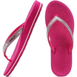 ONCAI Women’s Flip Flops with Rhinestone, Arch Support Yoga Mat Comfort Walking Summer Beach Thong Sandals with Plantar Fasciitis Rubber Soles US Size 5-11(Hot Pink)