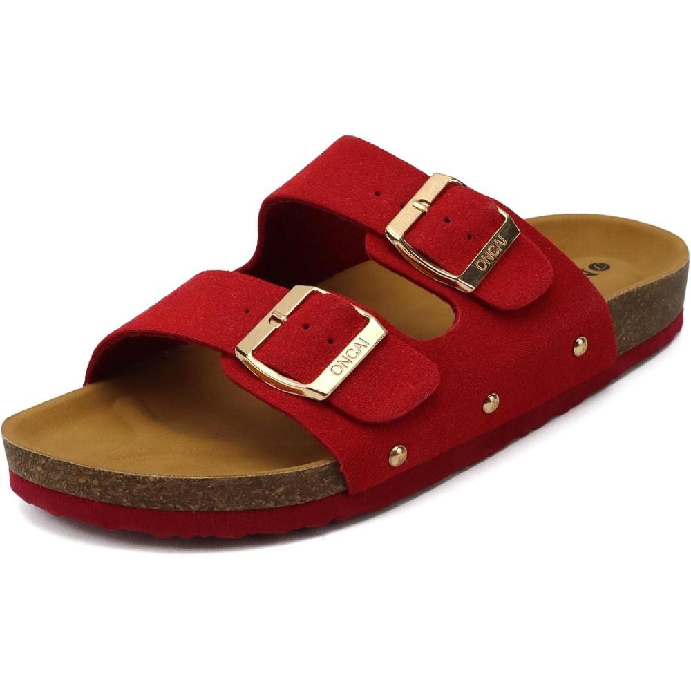 imageONCAI Womens Flat Slide Sandals with Arch Support 2 Strap Adjustable Buckle Slip on Slides Shoes Non Slip Rubber SoleRed