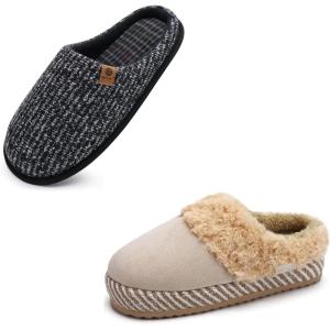ONCAI Set of 2 Pairs,Men’s House Memory Foam Slippers(Black US Size 10) and Women’s Suede Warm Slippers(Beige US Size 8)