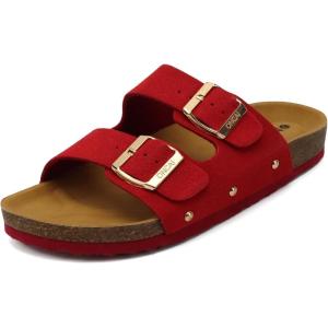 ONCAI Womens Flat Slide Sandals with Arch Support 2 Strap Adjustable Buckle Slip on Slides Shoes Non Slip Rubber Sole(Red)