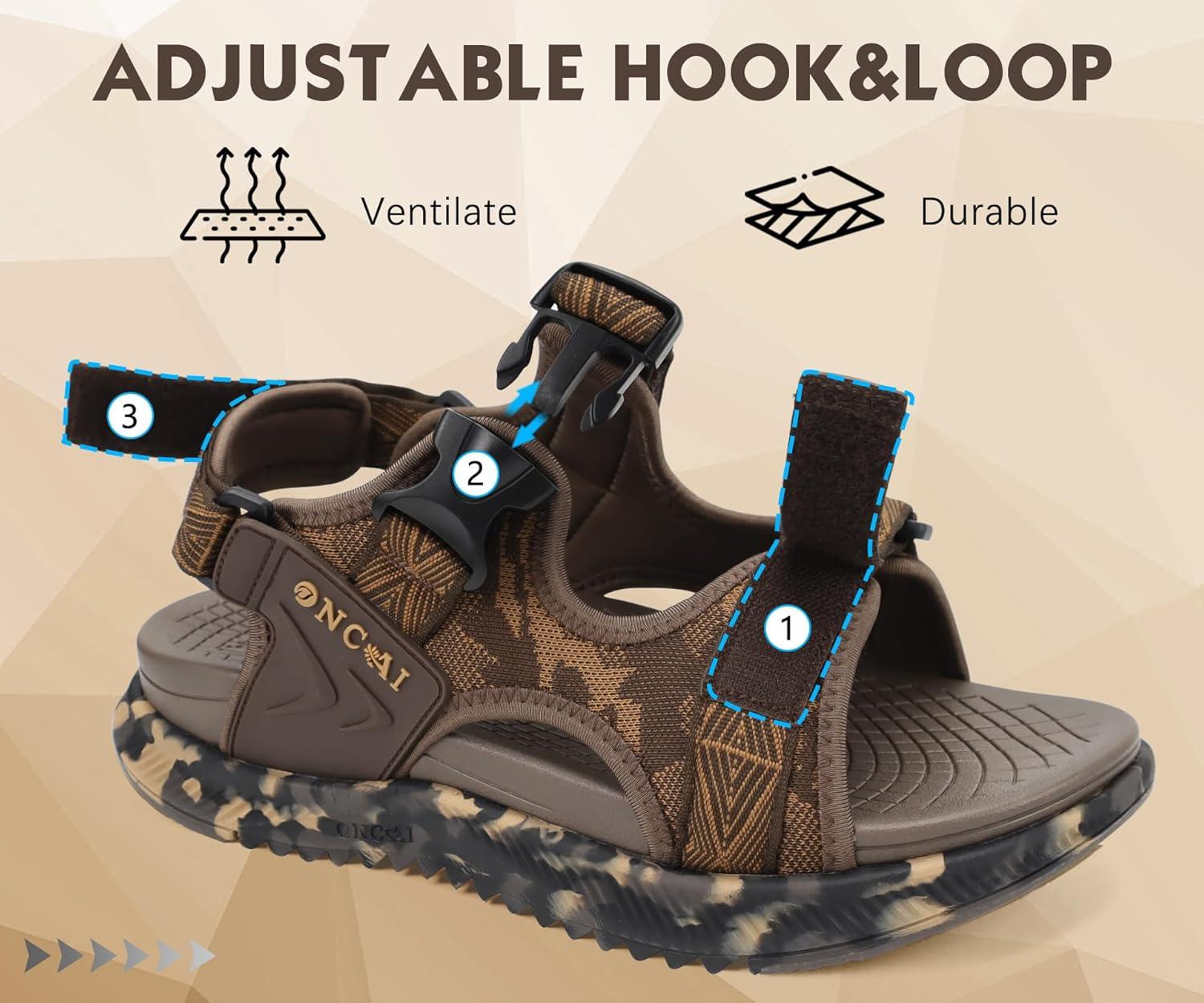 imageONCAI Mens Hiking SandalsArch Support Orthopedic Recovery Walking Sandal with Adjustable Strap Outdoor Summer Water Camouflage Mesh Athletic Sports Shoes US Size 715Browncamo