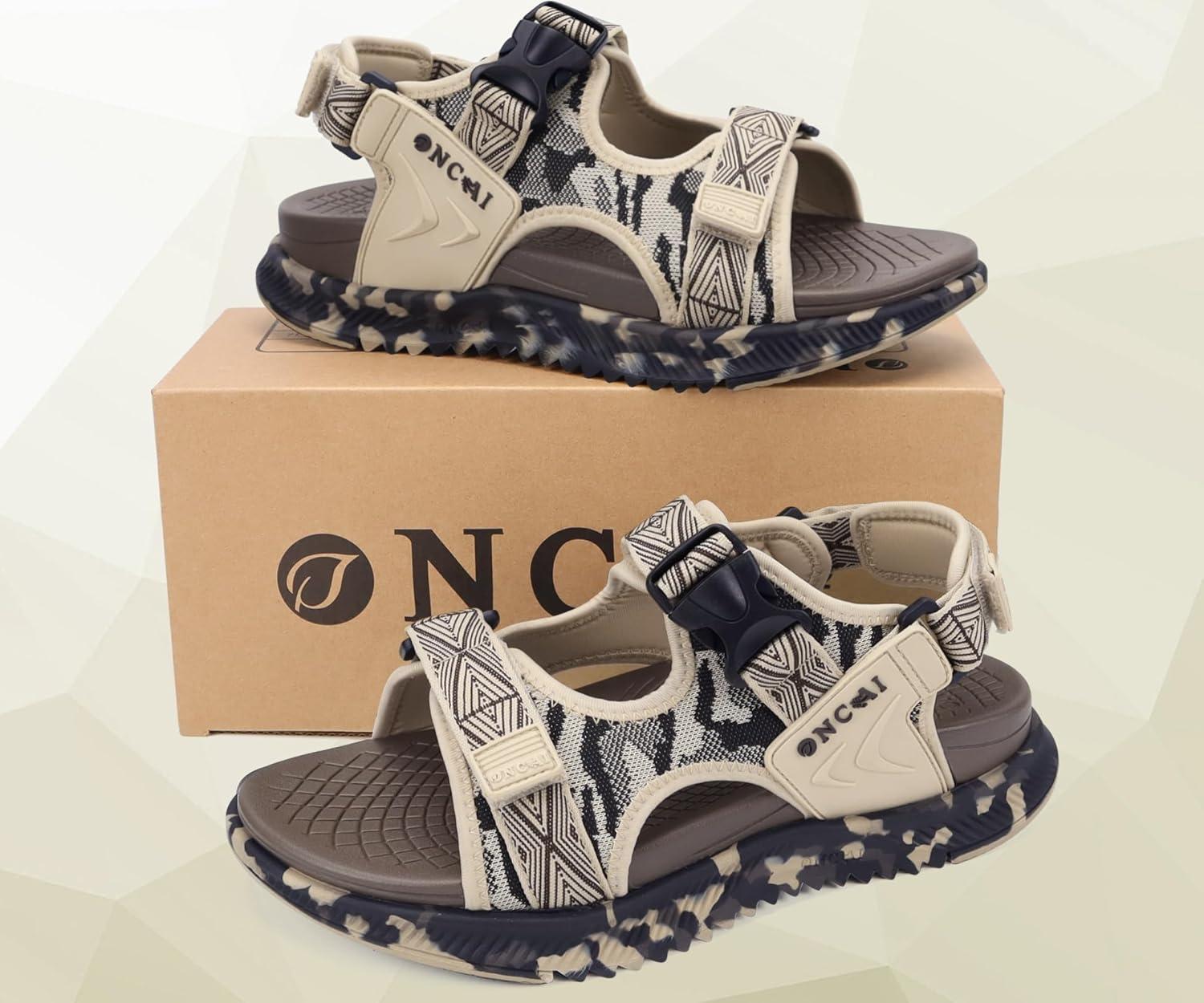 imageONCAI Mens Hiking SandalsArch Support Orthopedic Recovery Walking Sandal with Adjustable Strap Outdoor Summer Water Camouflage Mesh Athletic Sports Shoes US Size 715BeigeBrowncamo