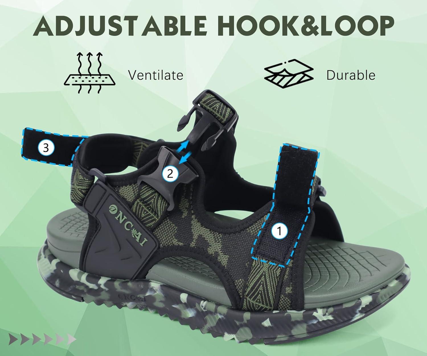 imageONCAI Mens Hiking SandalsArch Support Orthopedic Recovery Walking Sandal with Adjustable Strap Outdoor Summer Water Camouflage Mesh Athletic Sports Shoes US Size 715Greencamo
