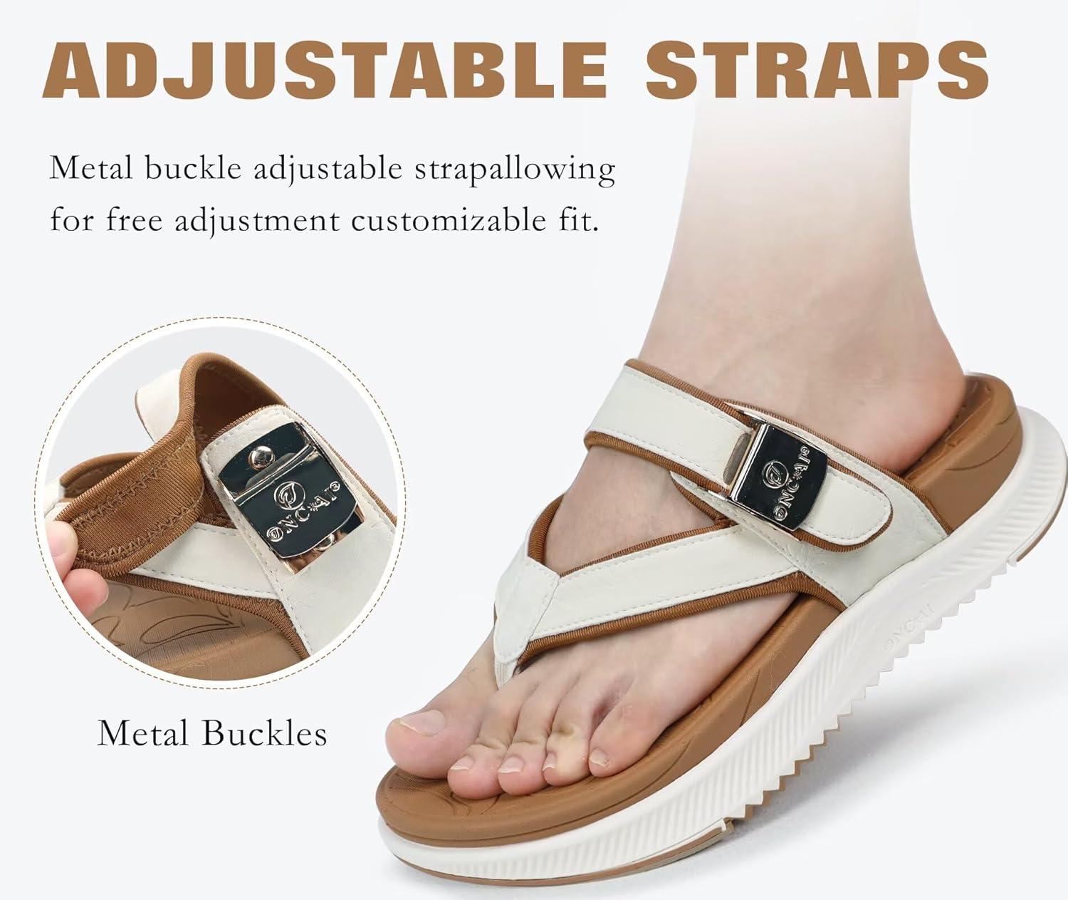 imageONCAI Womens Platform Flip Flops with Arch Support Summer Beach Dressy Trendy Walking Sandals and Thick Outdoor Rubber Soles Size 612White and Khaki