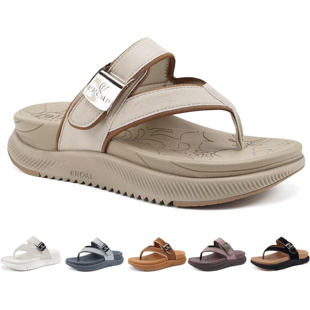 imageONCAI Womens Platform Flip Flops with Arch Support Summer Beach Dressy Trendy Walking Sandals and Thick Outdoor Rubber Soles Size 612Beige