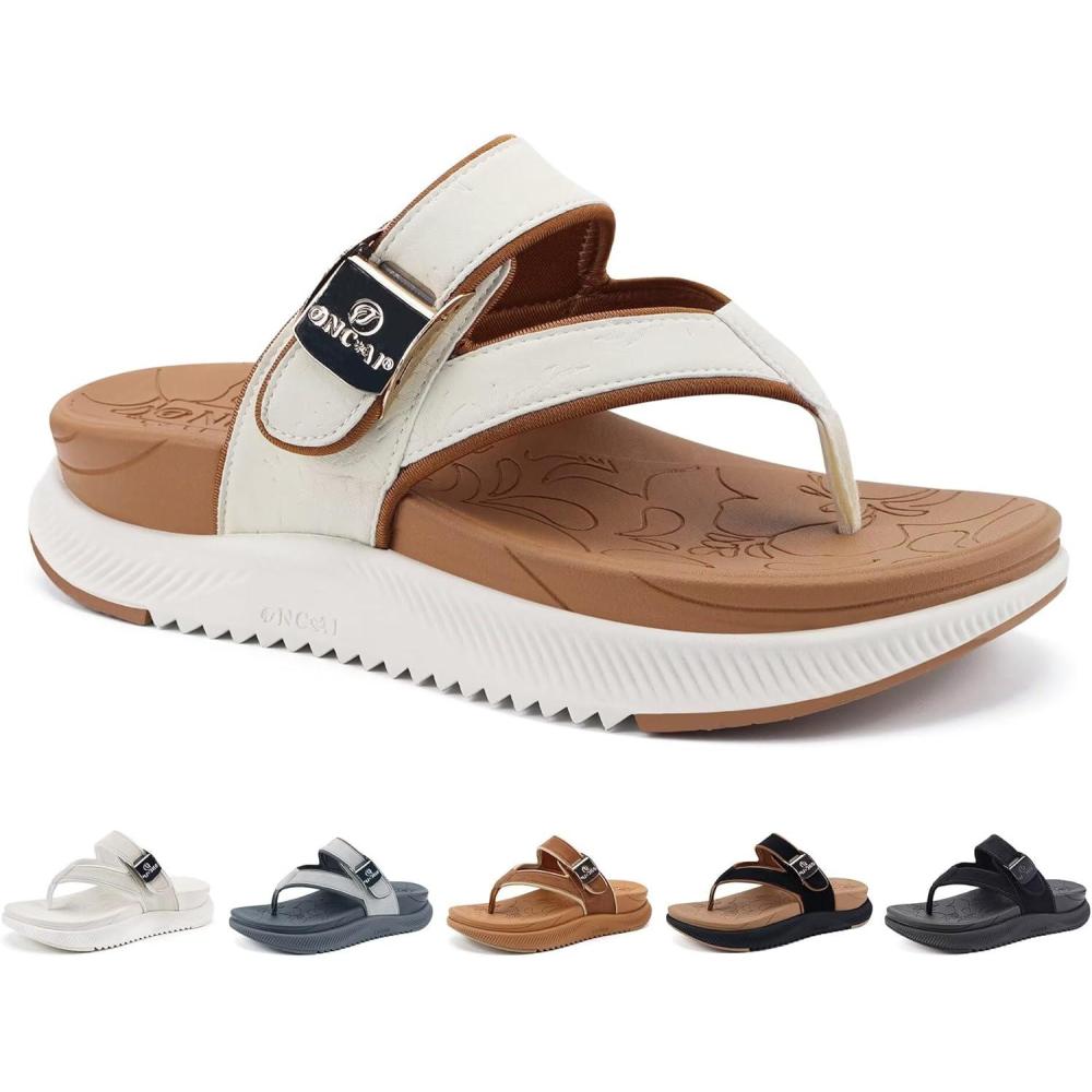 imageONCAI Womens Platform Flip Flops with Arch Support Summer Beach Dressy Trendy Walking Sandals and Thick Outdoor Rubber Soles Size 612White and Khaki