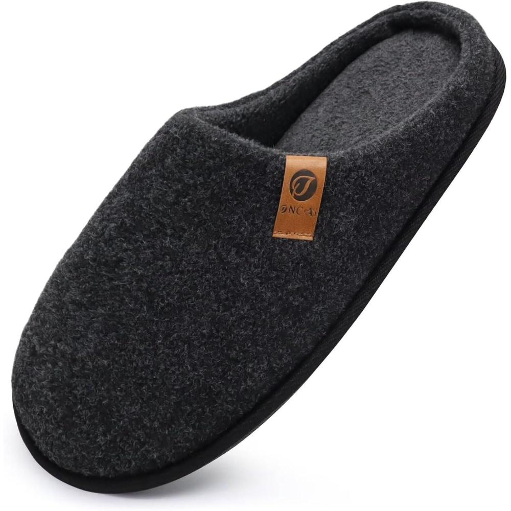 imageONCAI Mens House Slippers Memory Foam SlipOn Warm Cozy Scuff Home Bedroom Shoes with IndoorOutdoor Rubber Soles US Size 715Felt Black