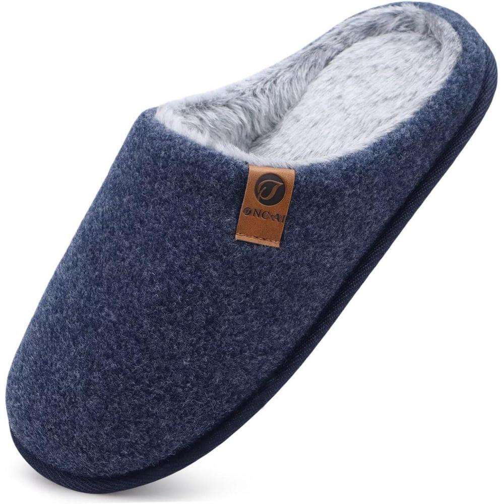 imageONCAI Mens House Slippers Memory Foam SlipOn Warm Cozy Scuff Home Bedroom Shoes with IndoorOutdoor Rubber Soles US Size 715Felt Plush Blue