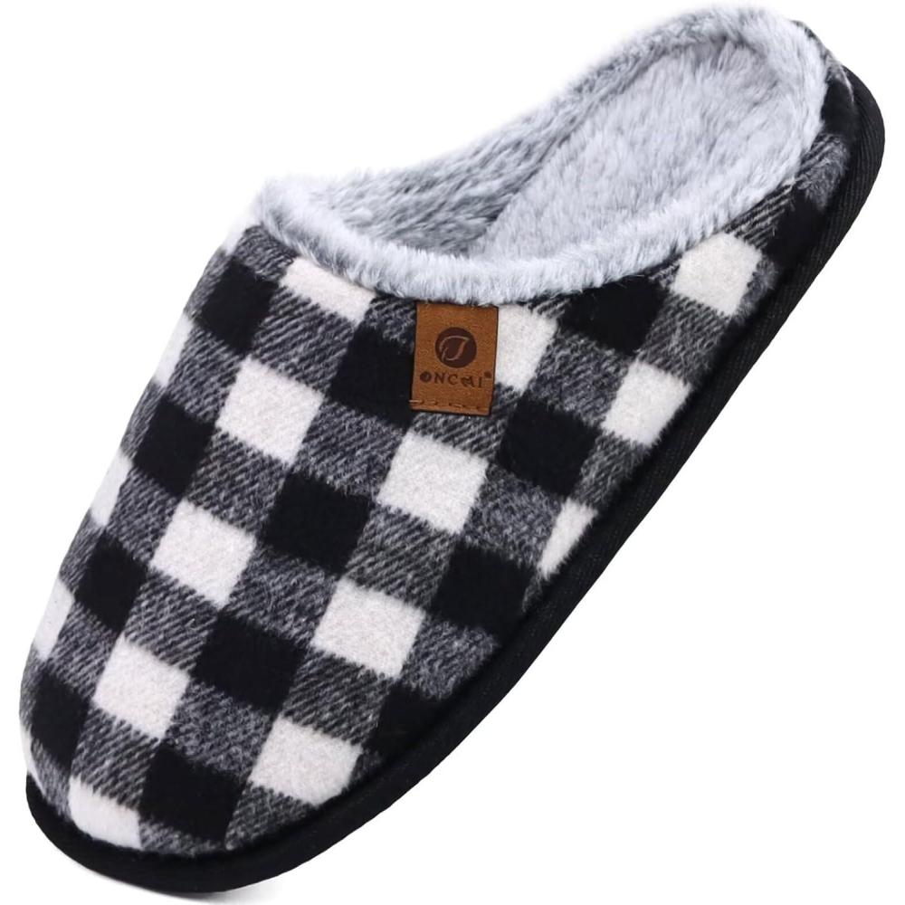 imageONCAI Mens House Slippers Memory Foam SlipOn Warm Cozy Scuff Home Bedroom Shoes with IndoorOutdoor Rubber Soles US Size 715Plush BlackWhite