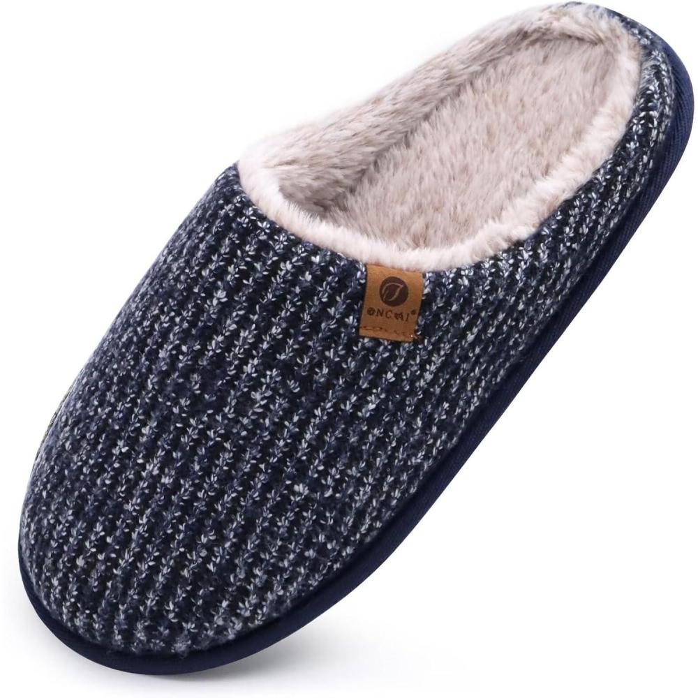 imageONCAI Mens House Slippers Memory Foam SlipOn Warm Cozy Scuff Home Bedroom Shoes with IndoorOutdoor Rubber Soles US Size 715Plush Blue