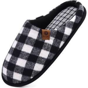 ONCAI Men’s House Slippers Memory Foam Slip-On Warm Cozy Scuff Home Bedroom Shoes with Indoor/Outdoor Rubber Soles US Size 7-15(Black/White)