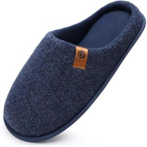 ONCAI Men’s House Slippers Memory Foam Slip-On Warm Cozy Scuff Home Bedroom Shoes with Indoor/Outdoor Rubber Soles US Size 7-15(Felt Dark Blue)