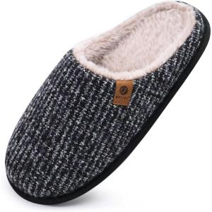 ONCAI Men’s House Slippers Memory Foam Slip-On Warm Cozy Scuff Home Bedroom Shoes with Indoor/Outdoor Rubber Soles US Size 7-15(Plush Black)