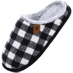 ONCAI Men’s House Slippers Memory Foam Slip-On Warm Cozy Scuff Home Bedroom Shoes with Indoor/Outdoor Rubber Soles US Size 7-15(Plush Black/White)