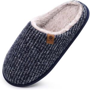ONCAI Men’s House Slippers Memory Foam Slip-On Warm Cozy Scuff Home Bedroom Shoes with Indoor/Outdoor Rubber Soles US Size 7-15(Plush Blue)