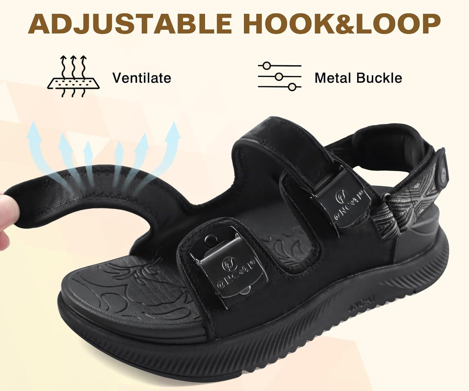 imageONCAI Womens Orthopedic Walking Sandals with Arch Support Comfort Casual Sport Platform Recovery Hiking Sandals for Women Water Summer Vacation Thick Outdoor Adjustable Strap Size 612Black
