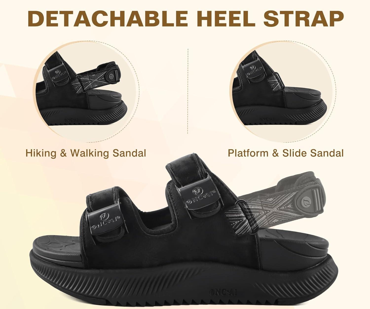 imageONCAI Womens Orthopedic Walking Sandals with Arch Support Comfort Casual Sport Platform Recovery Hiking Sandals for Women Water Summer Vacation Thick Outdoor Adjustable Strap Size 612Black