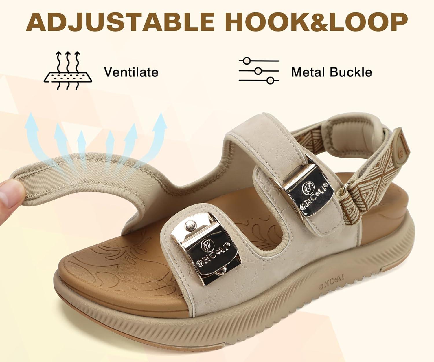 imageONCAI Womens Orthopedic Walking Sandals with Arch Support Comfort Casual Sport Platform Recovery Hiking Sandals for Women Water Summer Vacation Thick Outdoor Adjustable Strap Size 612BeigeKhaki