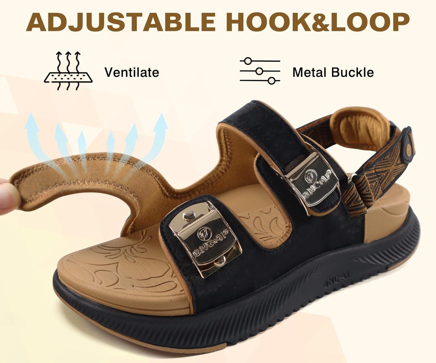 imageONCAI Womens Orthopedic Walking Sandals with Arch Support Comfort Casual Sport Platform Recovery Hiking Sandals for Women Water Summer Vacation Thick Outdoor Adjustable Strap Size 612BlackKhaki