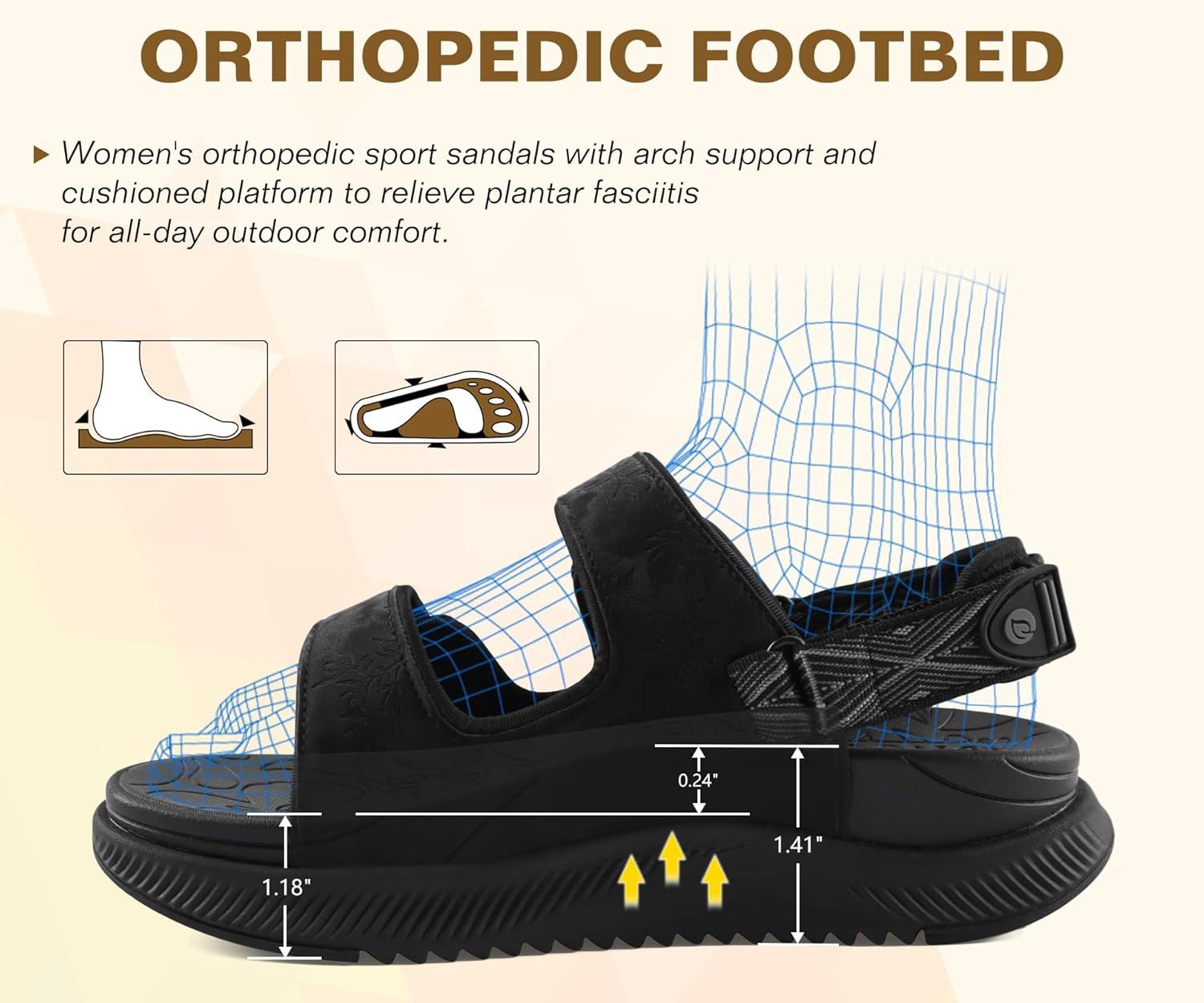 imageONCAI Womens Orthopedic Walking Sandals with Arch Support Comfort Casual Sport Platform Recovery Hiking Sandals for Women Water Summer Vacation Thick Outdoor Adjustable Strap Size 612Black