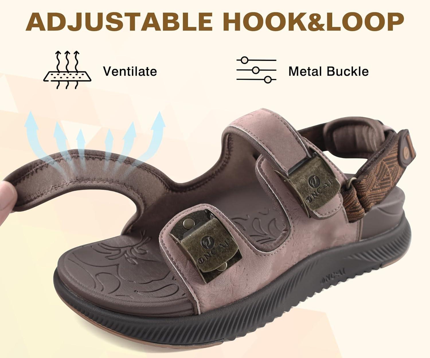 imageONCAI Womens Orthopedic Walking Sandals with Arch Support Comfort Casual Sport Platform Recovery Hiking Sandals for Women Water Summer Vacation Thick Outdoor Adjustable Strap Size 612Brown