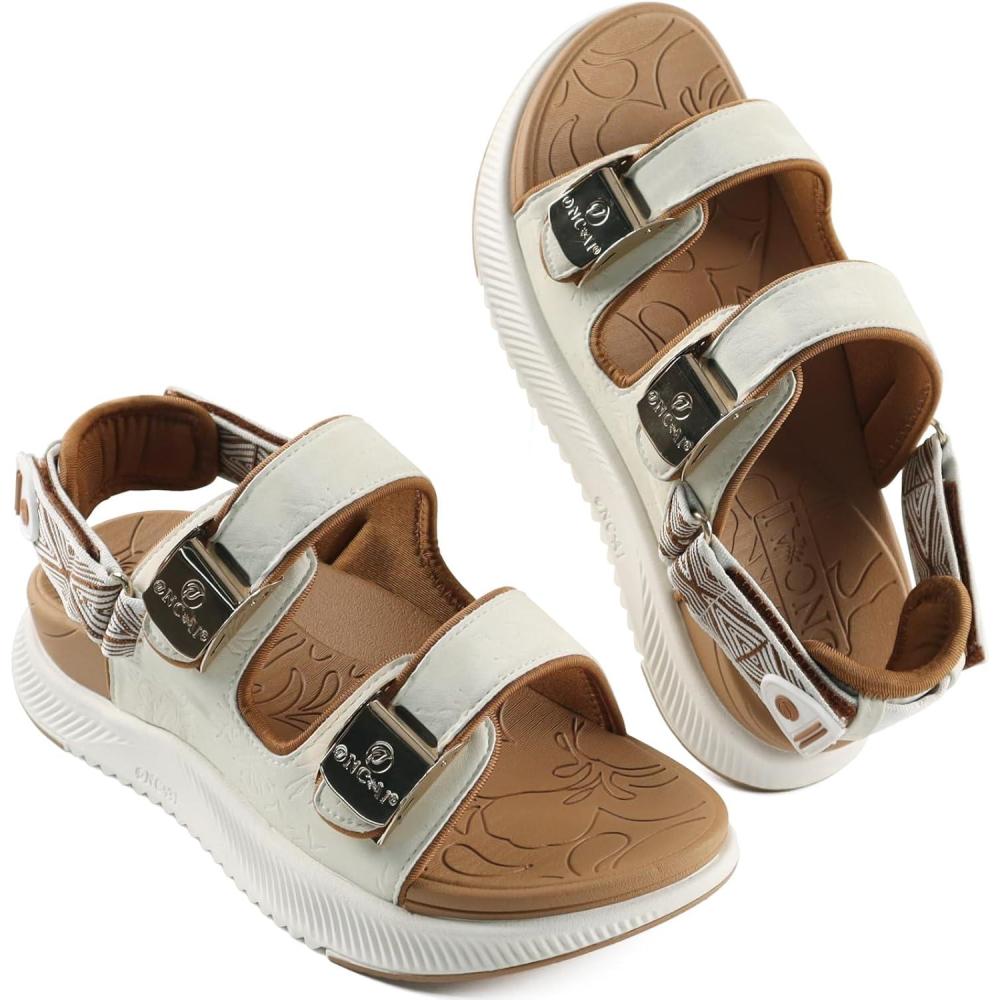 imageONCAI Womens Orthopedic Walking Sandals with Arch Support Comfort Casual Sport Platform Recovery Hiking Sandals for Women Water Summer Vacation Thick Outdoor Adjustable Strap Size 612BeigewhiteKhaki