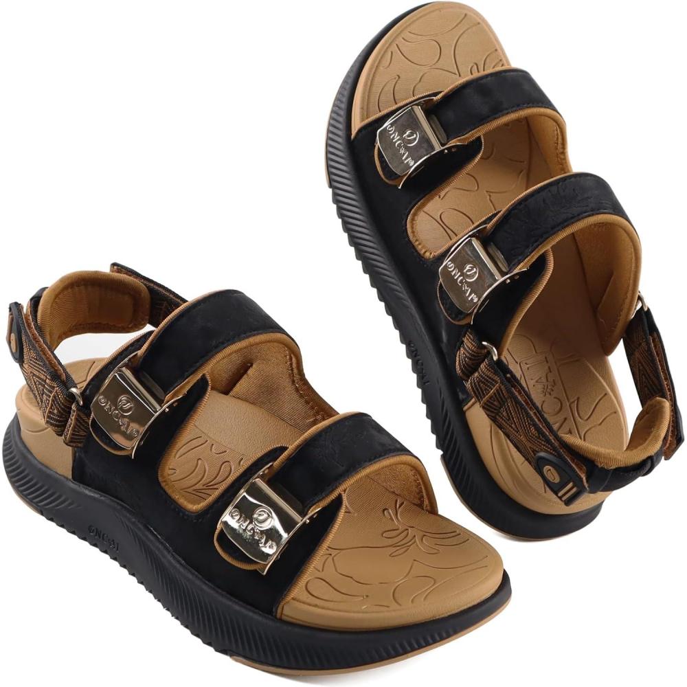 imageONCAI Womens Orthopedic Walking Sandals with Arch Support Comfort Casual Sport Platform Recovery Hiking Sandals for Women Water Summer Vacation Thick Outdoor Adjustable Strap Size 612BlackKhaki
