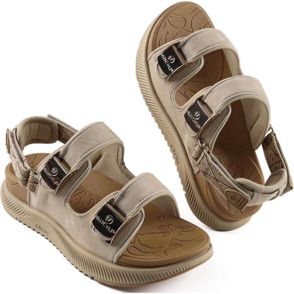 imageONCAI Womens Orthopedic Walking Sandals with Arch Support Comfort Casual Sport Platform Recovery Hiking Sandals for Women Water Summer Vacation Thick Outdoor Adjustable Strap Size 612BeigeKhaki