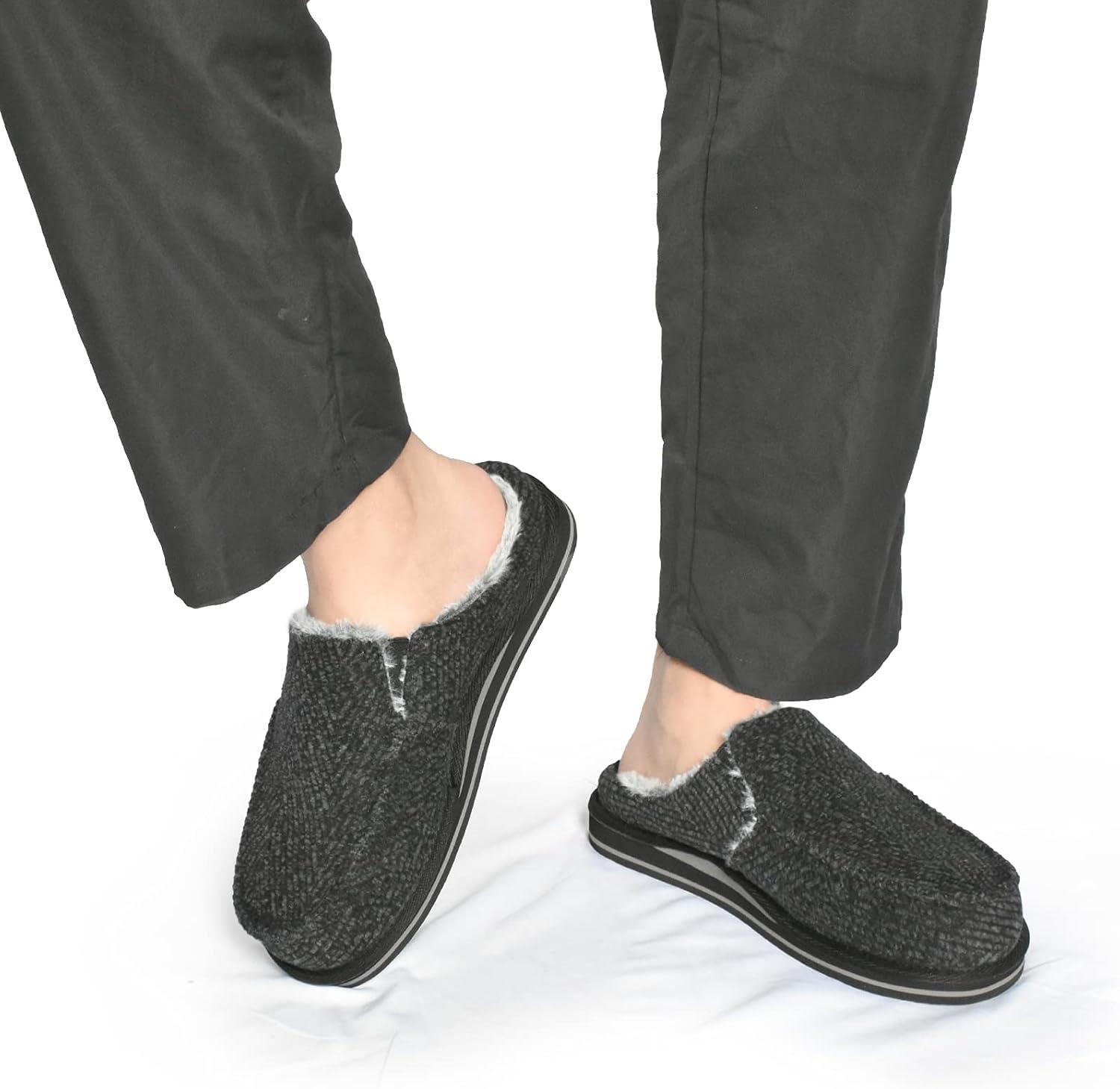 imageONCAI Mens Clog Slippers with Arch Support Stripe Faux Fur CottonBlend HighDensity Memory Foam Warm House Slippers Slipon Indoor Outdoor Rubber Sole Size 716Black