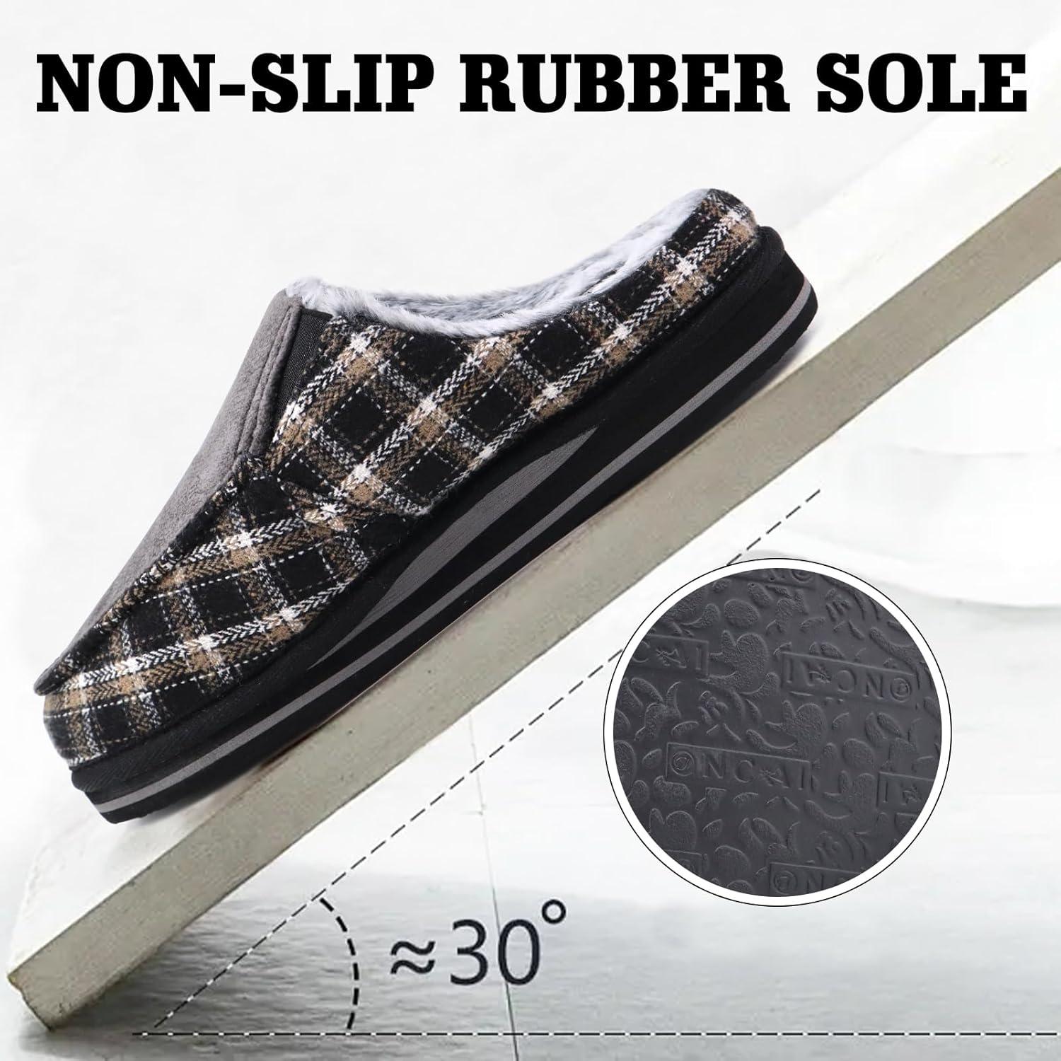 imageONCAI Mens Clog Slippers with Arch Support Stripe Faux Fur CottonBlend HighDensity Memory Foam Warm House Slippers Slipon Indoor Outdoor Rubber Sole Size 716Fur Plaid Black