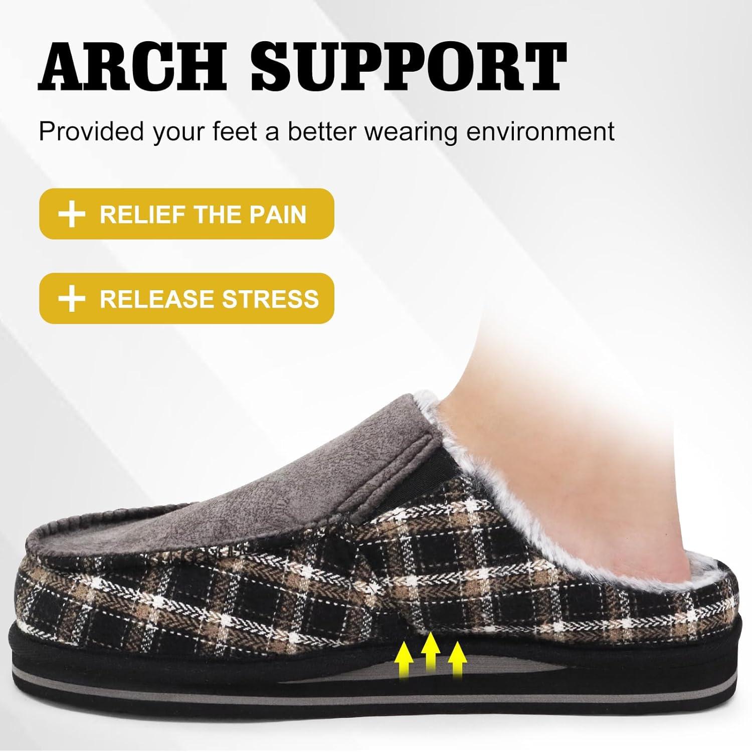 imageONCAI Mens Clog Slippers with Arch Support Stripe Faux Fur CottonBlend HighDensity Memory Foam Warm House Slippers Slipon Indoor Outdoor Rubber Sole Size 716Fur Plaid Black