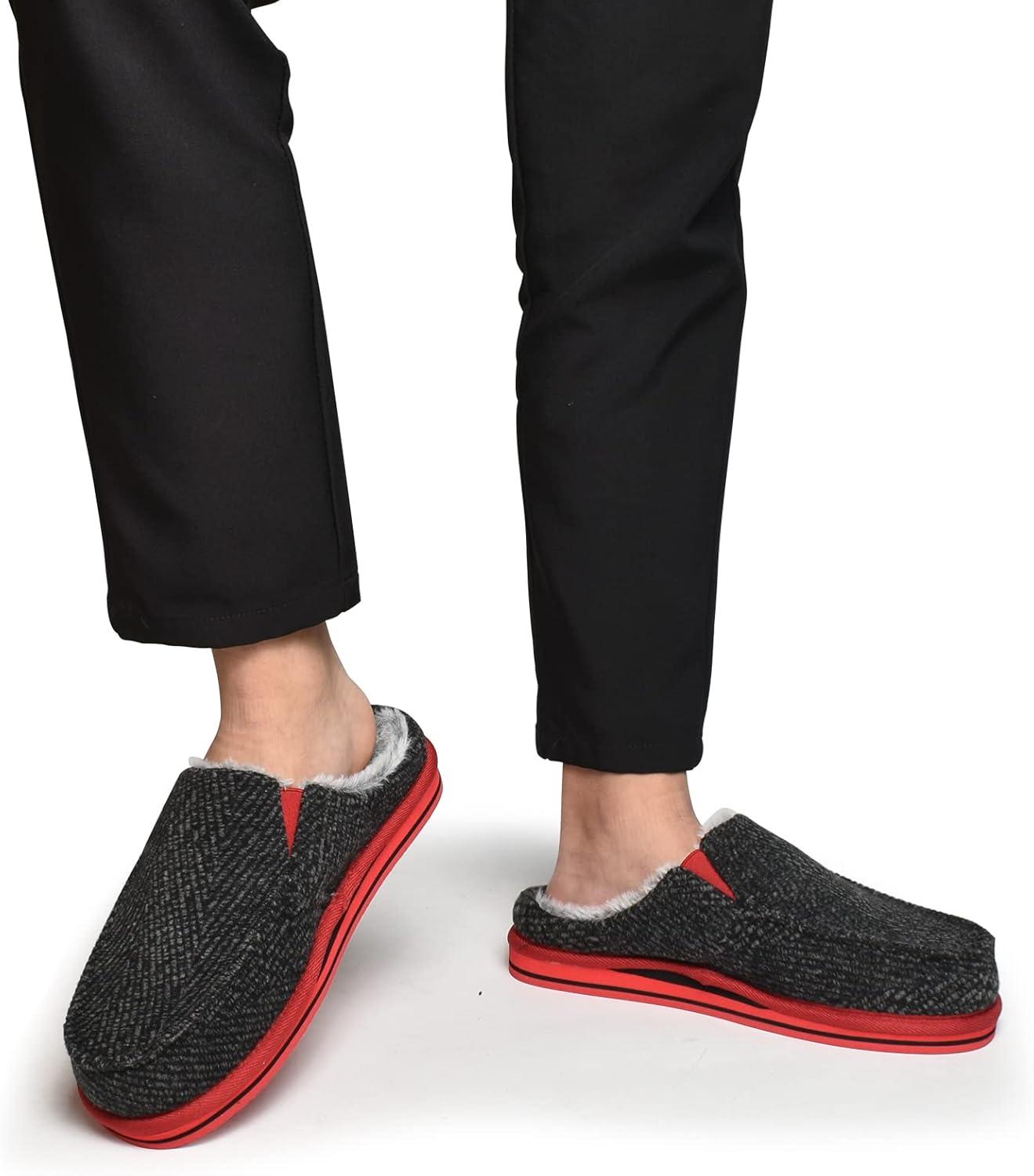 imageONCAI Mens Clog Slippers with Arch Support Stripe Faux Fur CottonBlend HighDensity Memory Foam Warm House Slippers Slipon Indoor Outdoor Rubber Sole Size 716BlackRed