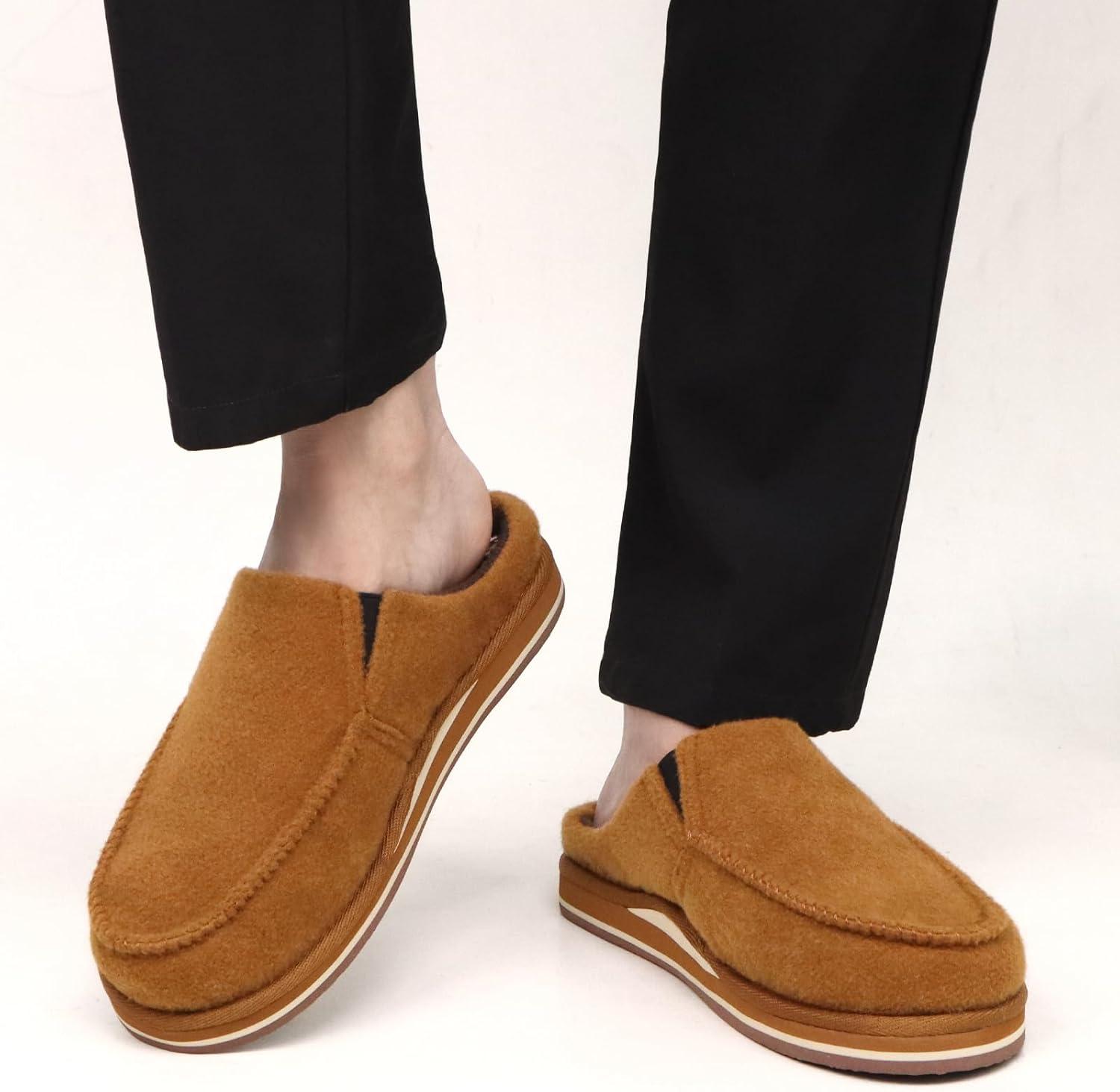 imageONCAI Mens Clog Slippers with Arch Support Stripe Faux Fur CottonBlend HighDensity Memory Foam Warm House Slippers Slipon Indoor Outdoor Rubber Sole Size 716Felt Khaki