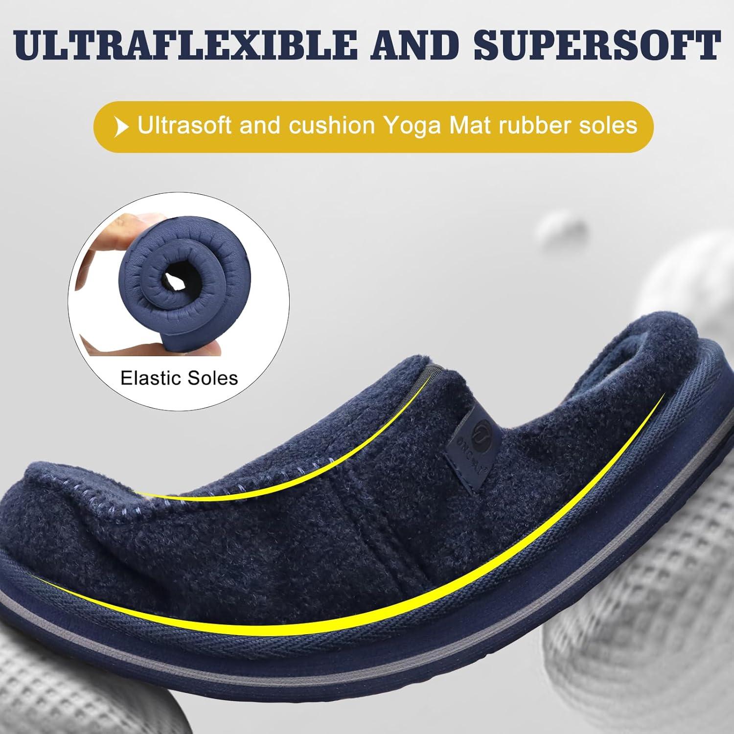 imageONCAI Mens Clog Slippers with Arch Support Stripe Faux Fur CottonBlend HighDensity Memory Foam Warm House Slippers Slipon Indoor Outdoor Rubber Sole Size 716Felt Blue