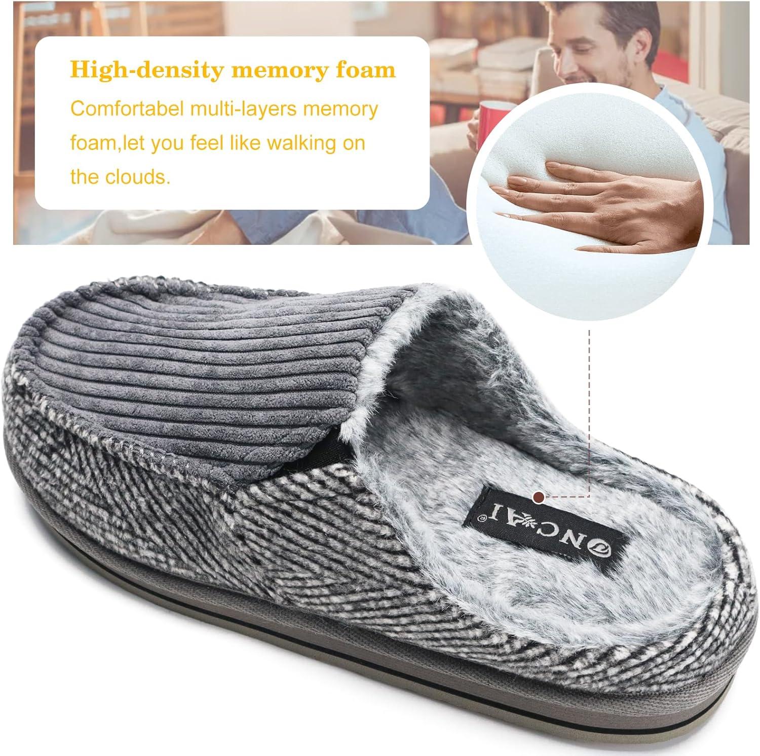 imageONCAI Mens Clog Slippers with Arch Support Stripe Faux Fur CottonBlend HighDensity Memory Foam Warm House Slippers Slipon Indoor Outdoor Rubber Sole Size 716Corduroy Grey