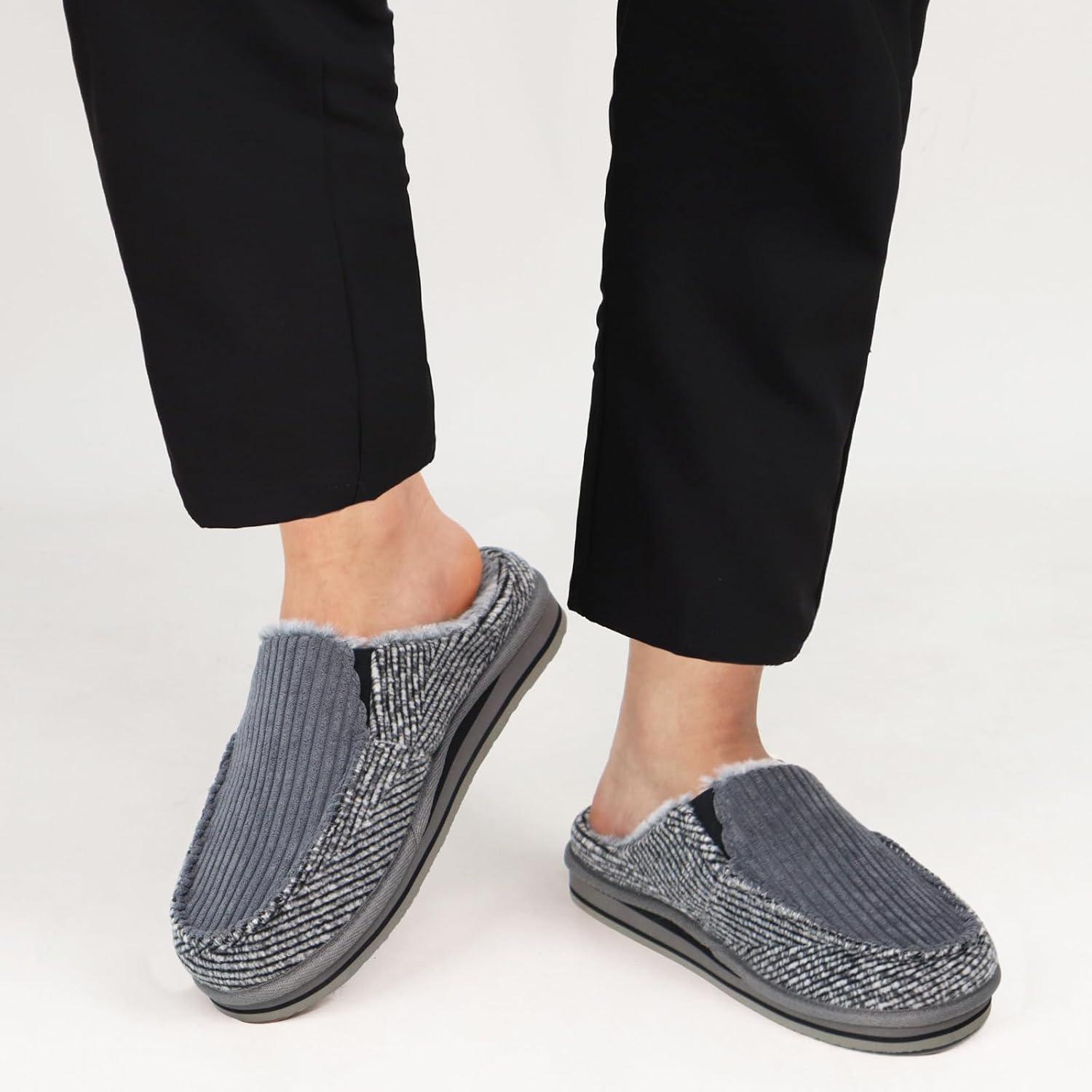 imageONCAI Mens Clog Slippers with Arch Support Stripe Faux Fur CottonBlend HighDensity Memory Foam Warm House Slippers Slipon Indoor Outdoor Rubber Sole Size 716Corduroy Grey